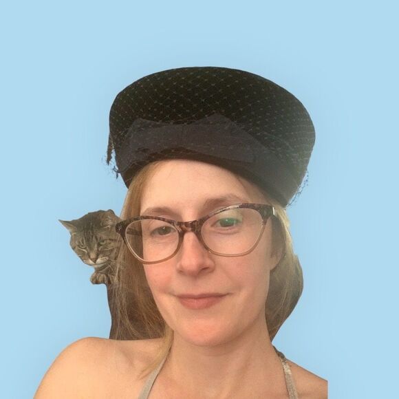 Deep Blue Velvet Hat Vintage Midcentury 50s 60s Breton with Veil - Picture 10 of 10